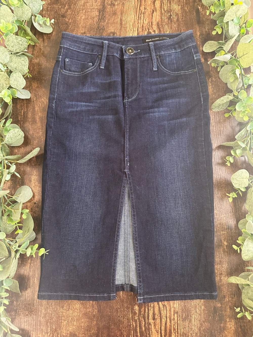 Black Orchid Dark Blue Denim Midi Skirt with Front Slit